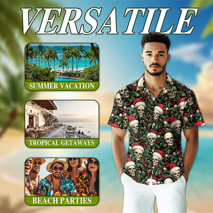 Skull Santa Hat Christmas Hawaiian Shirt for Men, Button Down Aloha Shirt - Azhawaiian