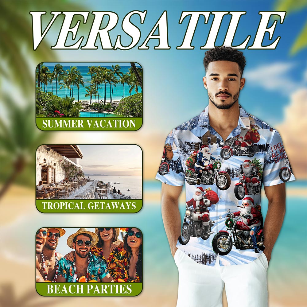 Santa Claus Motorcycle Christmas Hawaiian Shirt for Men, Button Down Aloha Shirt - Azhawaiian