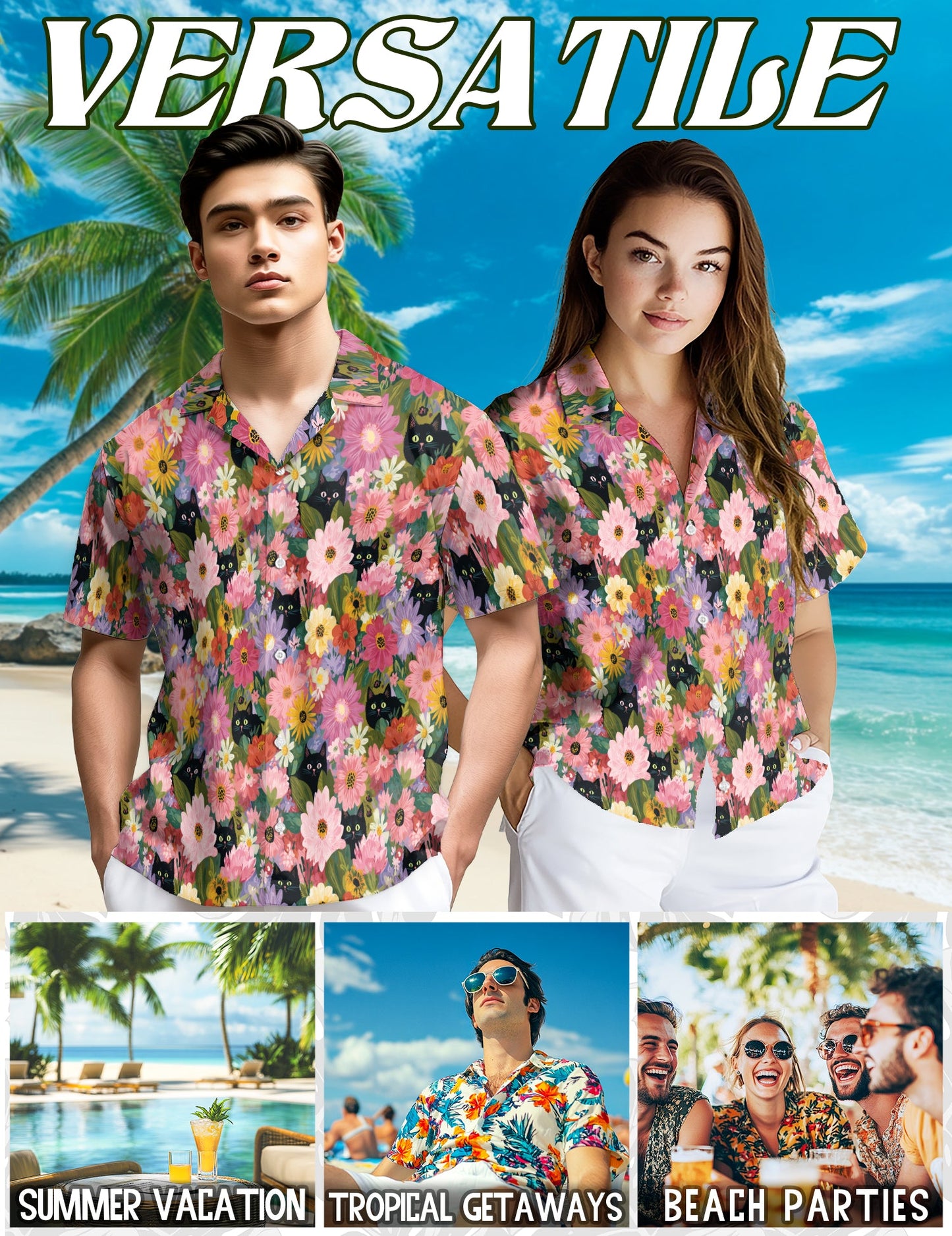 Black Cat Floral Hawaiian Shirt for Men, Button Down Aloha Shirt - Azhawaiian
