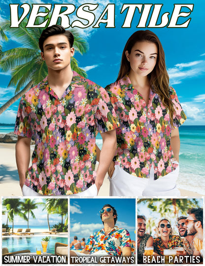 Black Cat Floral Hawaiian Shirt for Men, Button Down Aloha Shirt - Azhawaiian