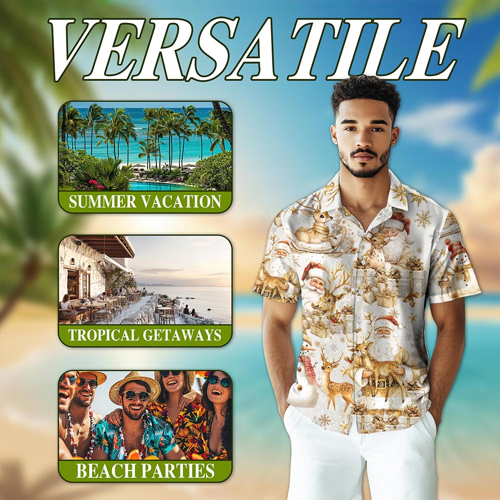 Golden Santa Claus and Reindeer Christmas Hawaiian Shirt for Men, Button Down Aloha Shirt - Azhawaiian