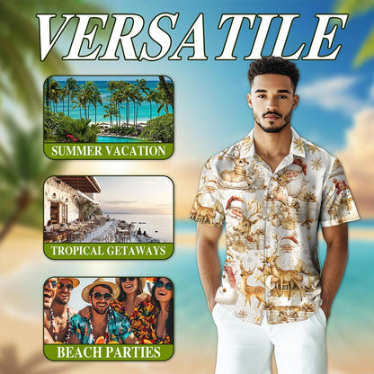 Golden Santa Claus and Reindeer Christmas Hawaiian Shirt for Men, Button Down Aloha Shirt - Azhawaiian