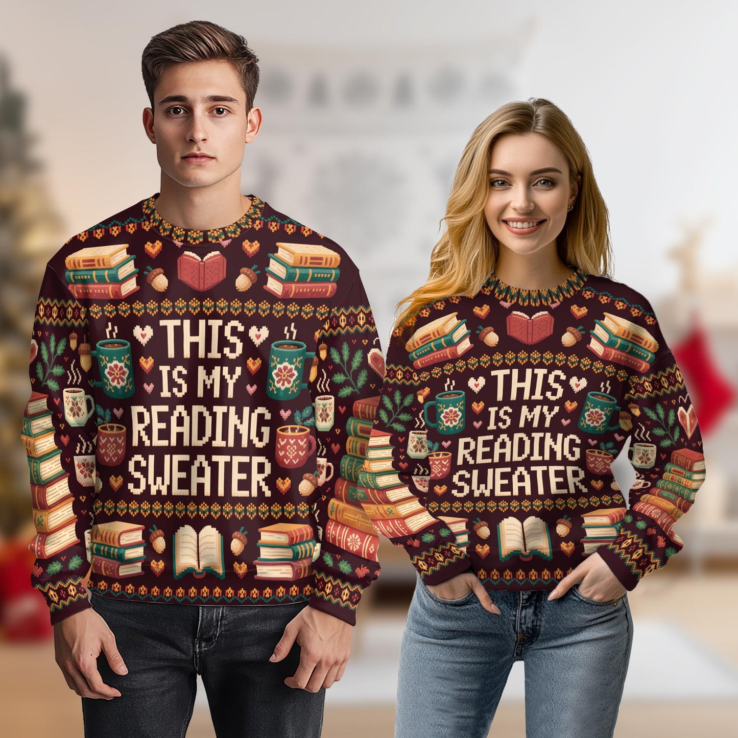 Retro Ugly Christmas Book Coffee Sweatshirt – Christmas 3D All Over Print Design