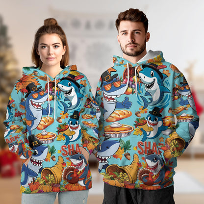 Shark Thanksgiving All Over Print Hoodie, Happy Turkey Day Graphic Design