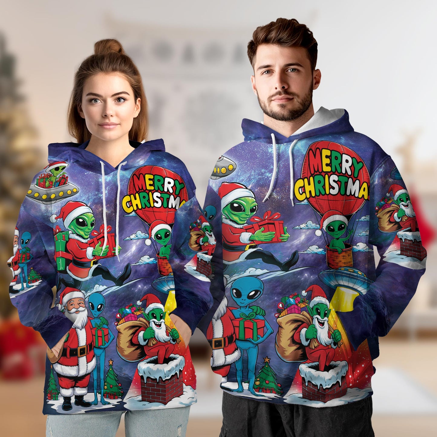 Alien Santa Claus Christmas All Over Print Hoodie, Graphic Design Galaxy Space
