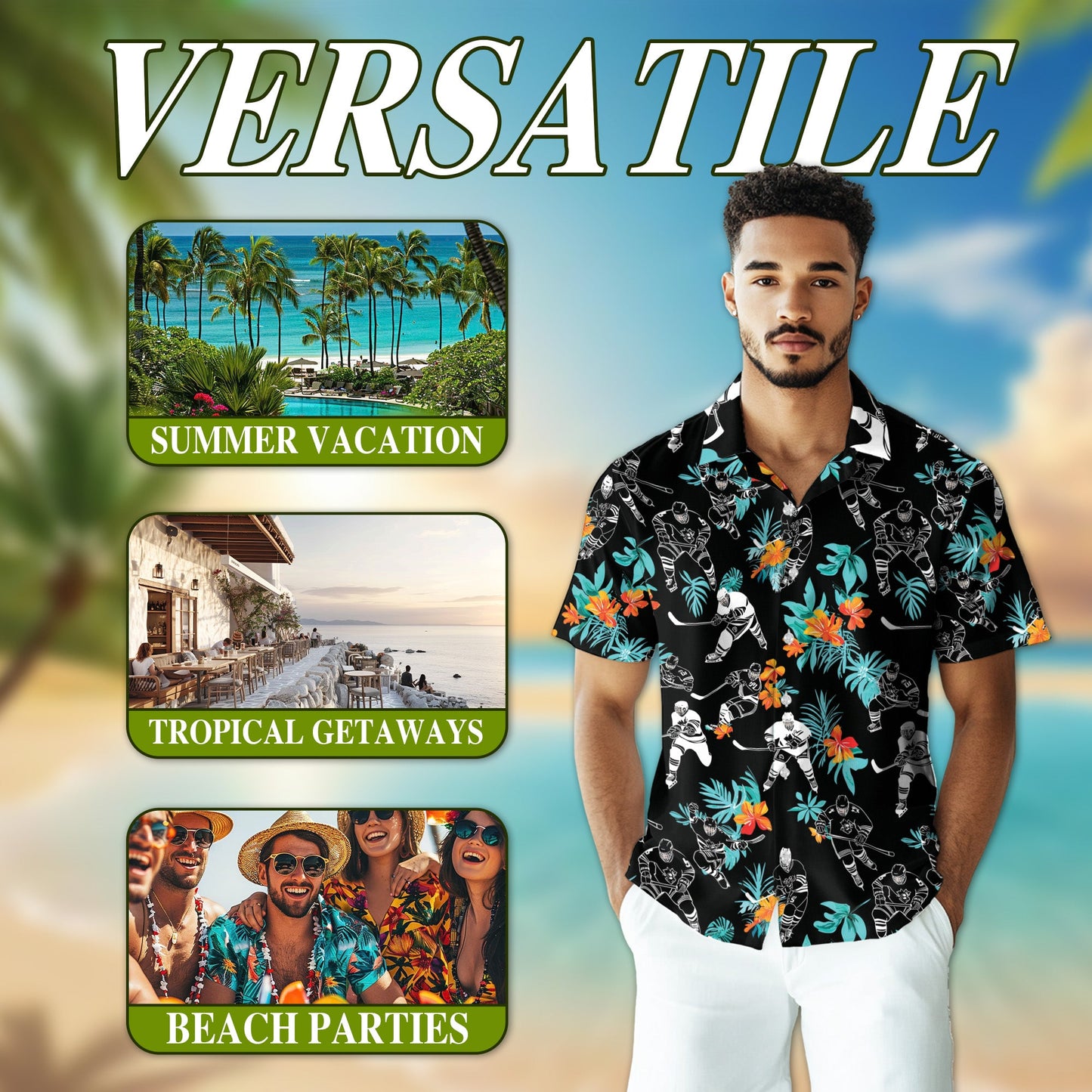 Ice Hockey Player Black Tropical Flower Hawaiian Shirt for Men, Button Down Aloha Shirt - Azhawaiian