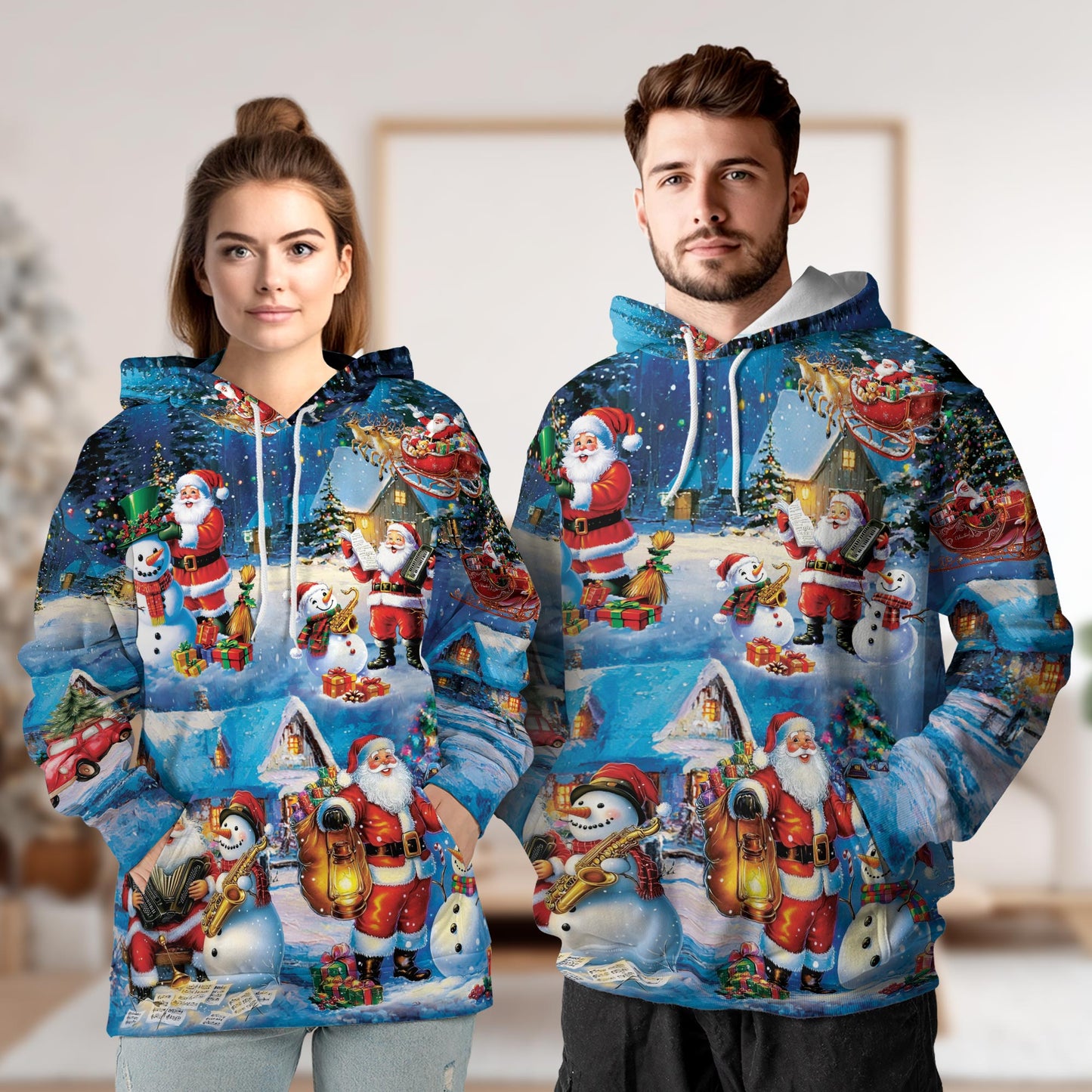 Santa and Snowman All Over Print Hoodie, Musical Christmas Graphic Design
