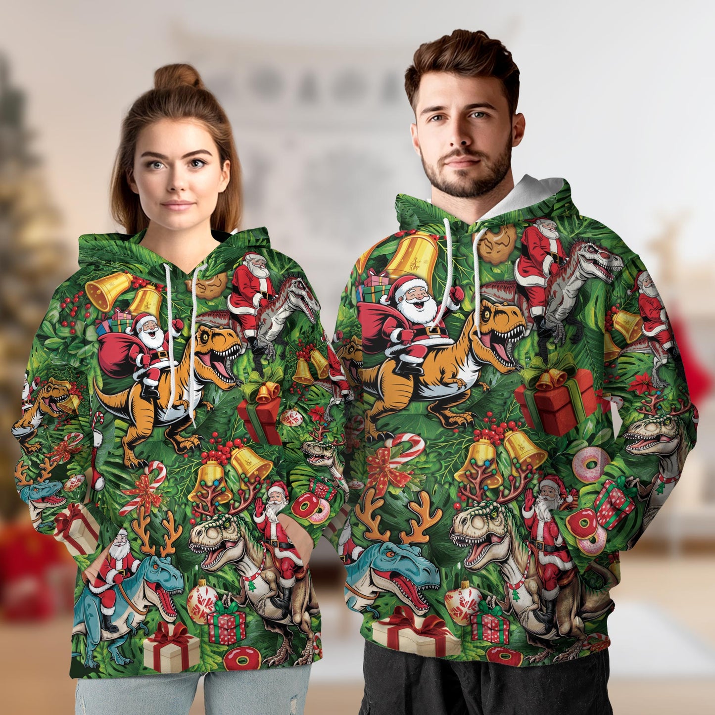 Santa Claus Riding Dinosaur All Over Print Hoodie, Funny T-Rex Graphic Design