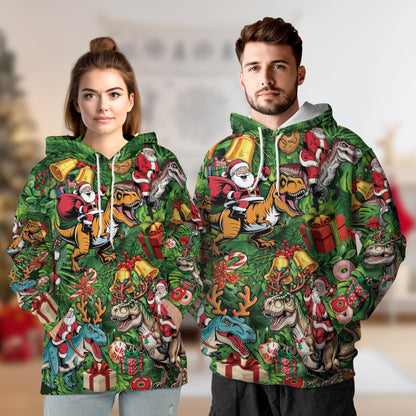 Santa Claus Riding Dinosaur All Over Print Hoodie, Funny T-Rex Graphic Design