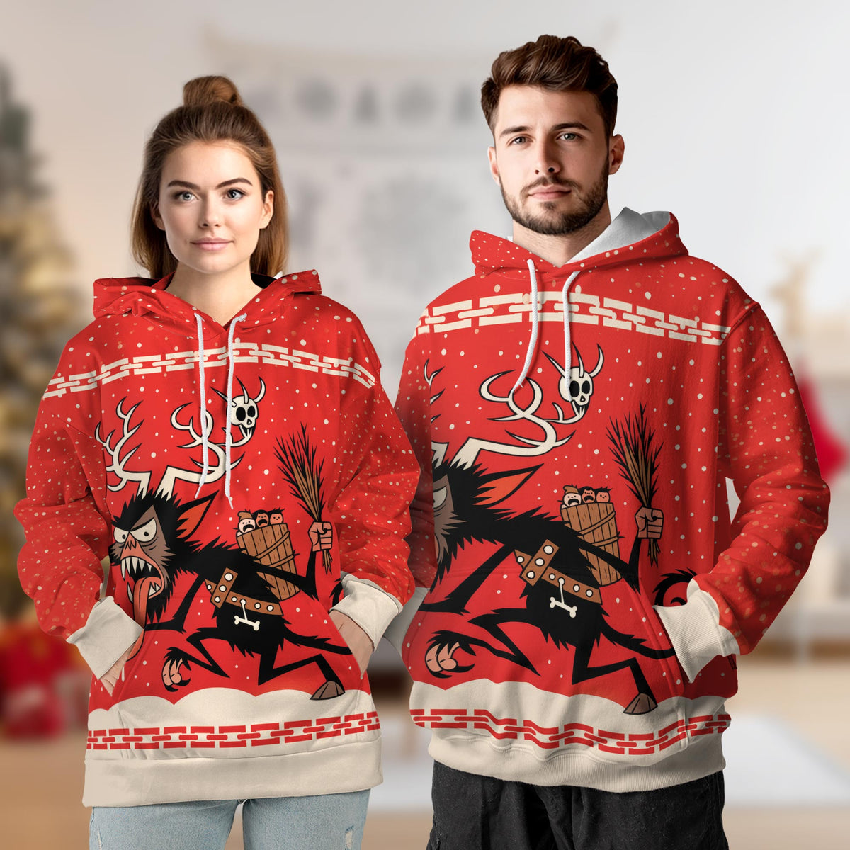 Krampus Christmas All Over Print Hoodie, Demon Santa Graphic Design