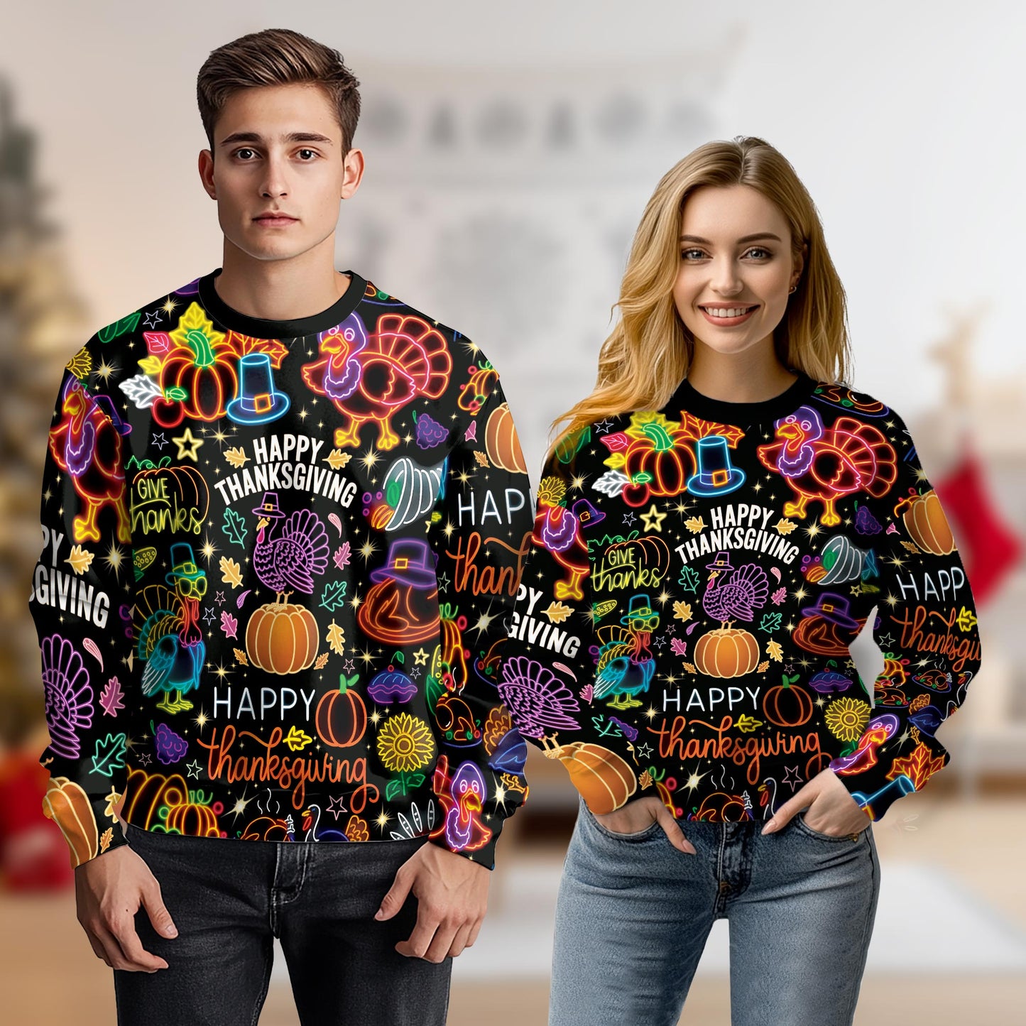 Funny Happy Turkey Day Sweatshirt – Colorful Graphic 3D All Over Print Design