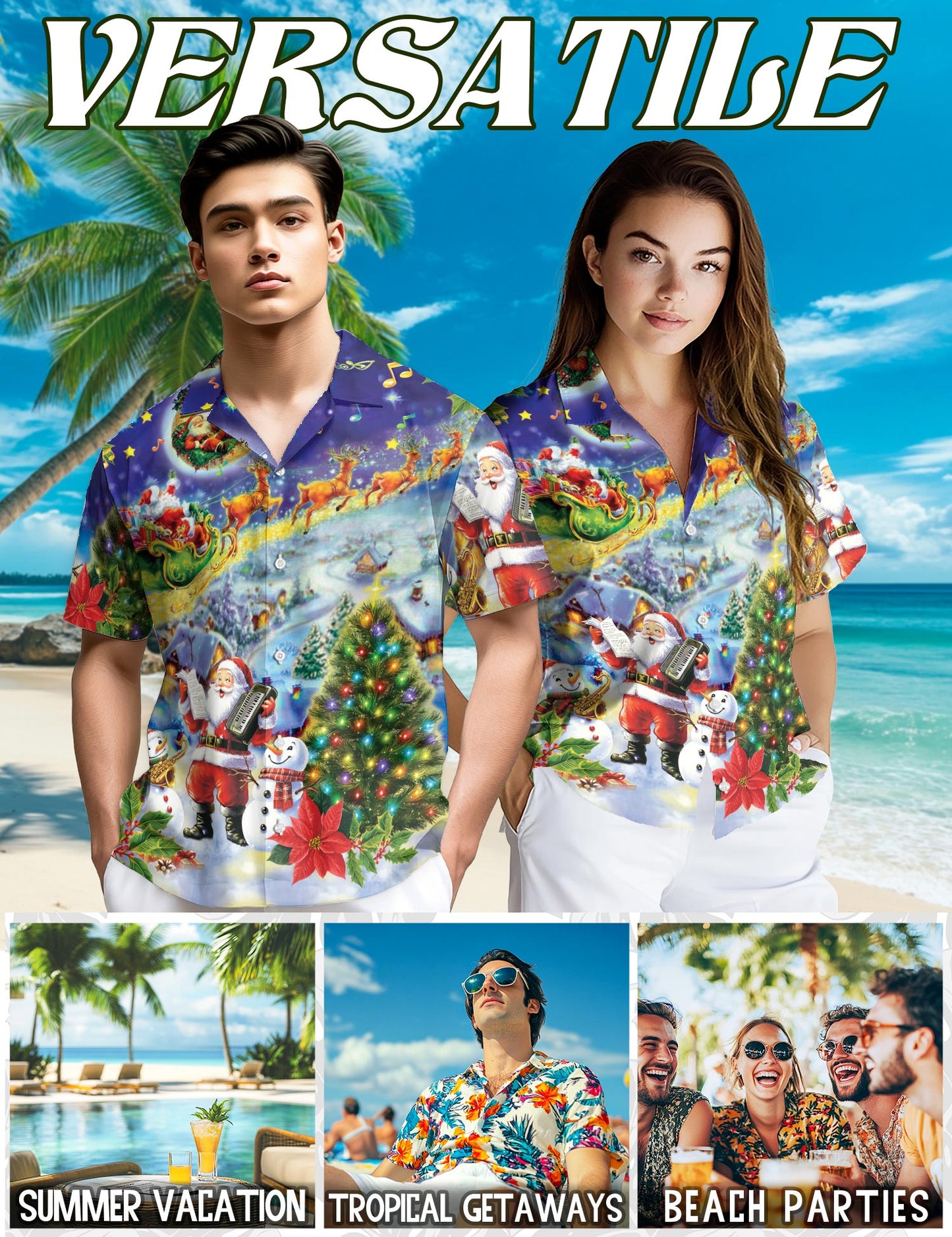 Santa Claus and Snowman Hawaiian Shirt for Men, Button Down Aloha Shirt - Azhawaiian