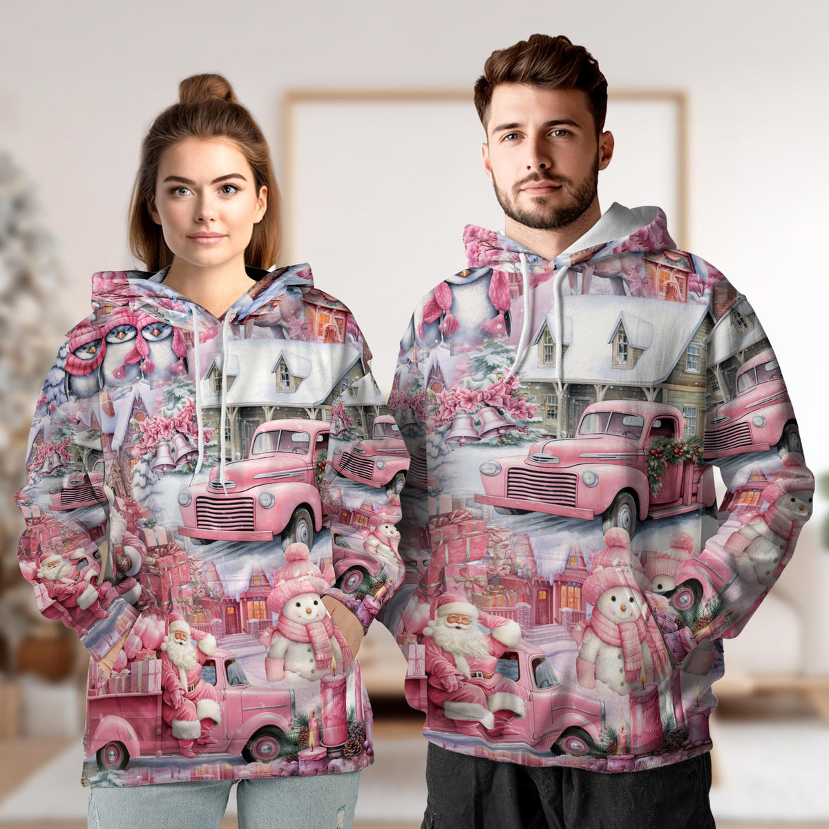 Pink Christmas Santa Claus All Over Print Hoodie, Village Graphic Design