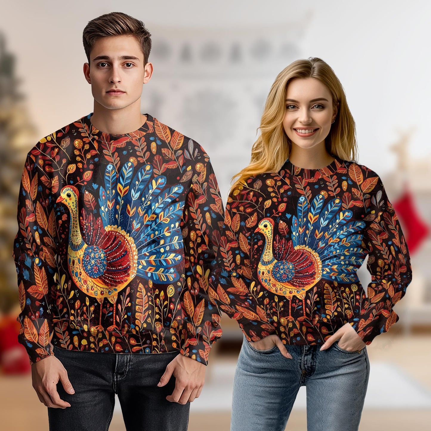 Folk Art Turkey Thanksgiving Sweatshirt – Colorful Graphic 3D All Over Print Design