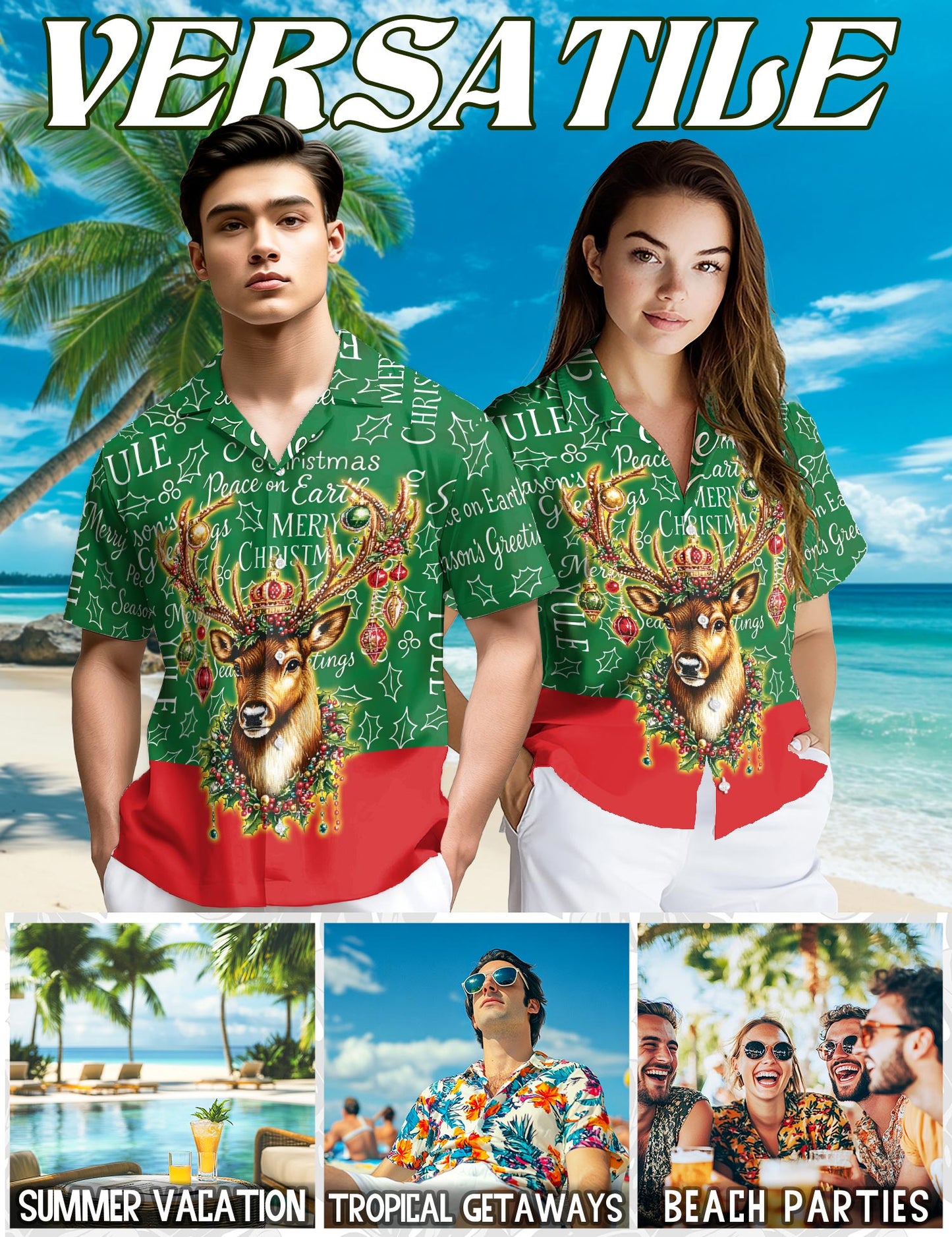 Reindeer Christmas Hawaiian Shirt for Men, Button Down Aloha Shirt - Azhawaiian