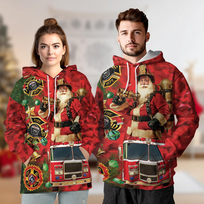 Firefighter Santa Claus Christmas All Over Print Hoodie, Fire Truck Graphic Design
