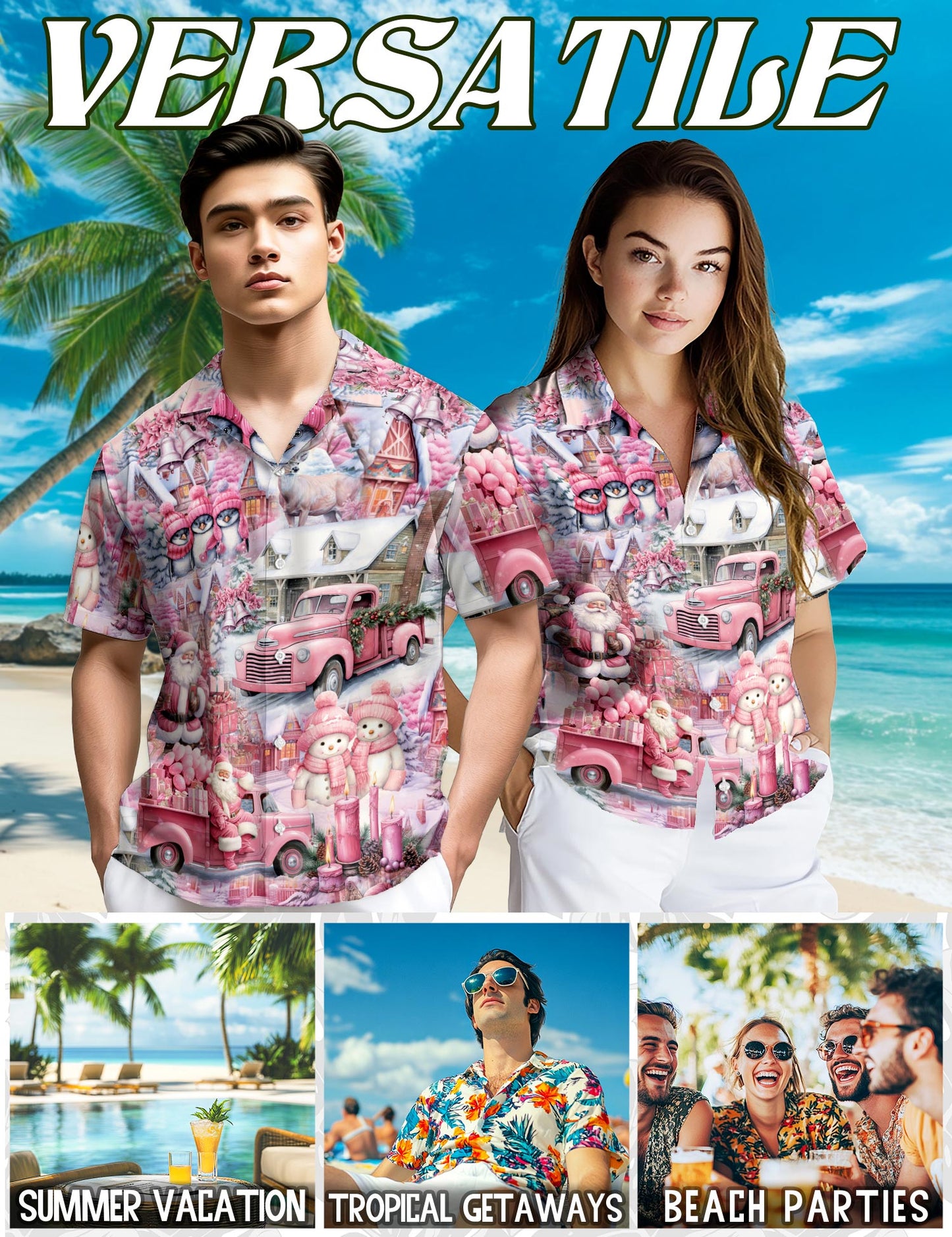 Pink Christmas Santa Claus Hawaiian Shirt for Men, Button Down Aloha Shirt - Azhawaiian