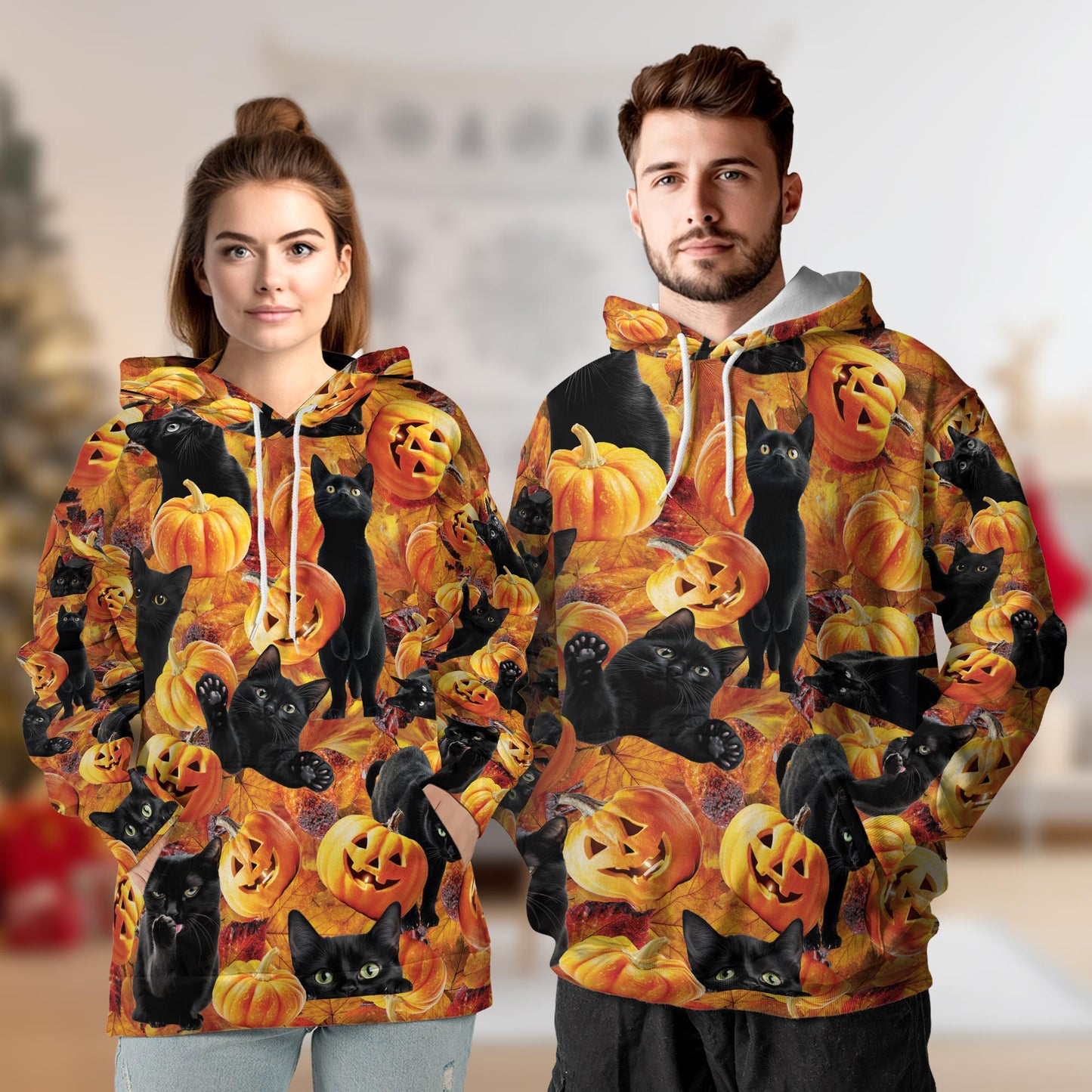 Black Cat and Pumpkin All Over Print Hoodie, Graphic Design Funny Halloween