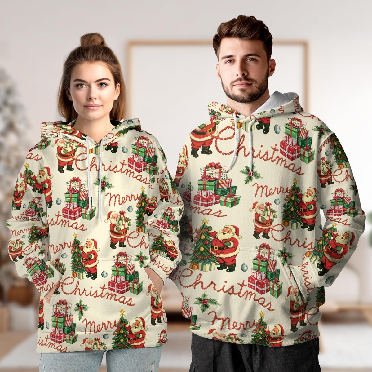 Santa Claus All Over Print Hoodie, Merry Christmas Graphic Design