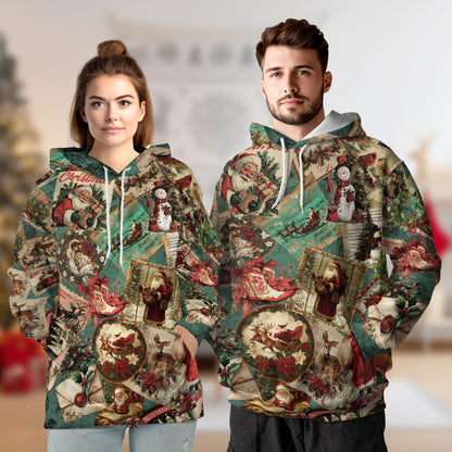 Merry Christmas Santa Claus All Over Print Hoodie, Retro Holiday Graphic Design