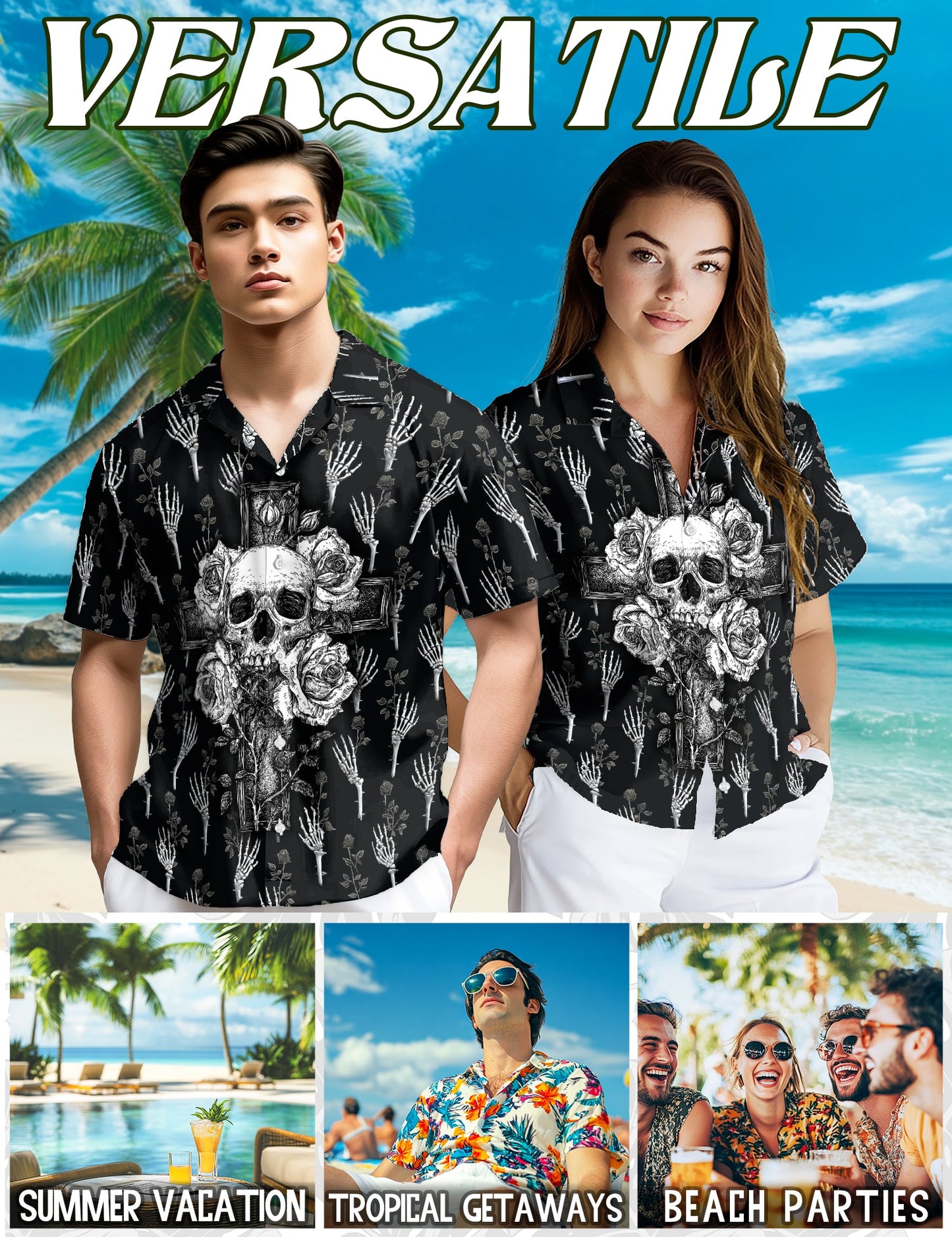 Black And White Skull Roses Hawaiian Shirt for Men, Button Down Aloha Shirt - Azhawaiian