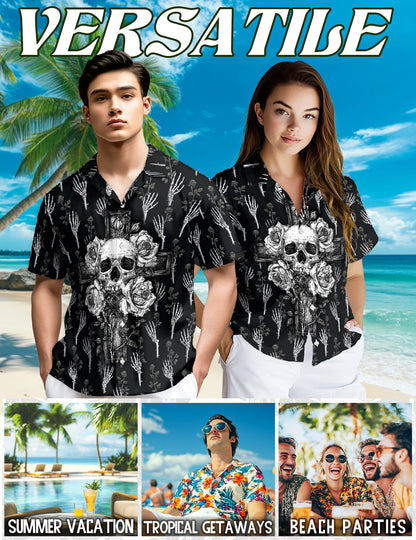 Black And White Skull Roses Hawaiian Shirt for Men, Button Down Aloha Shirt - Azhawaiian