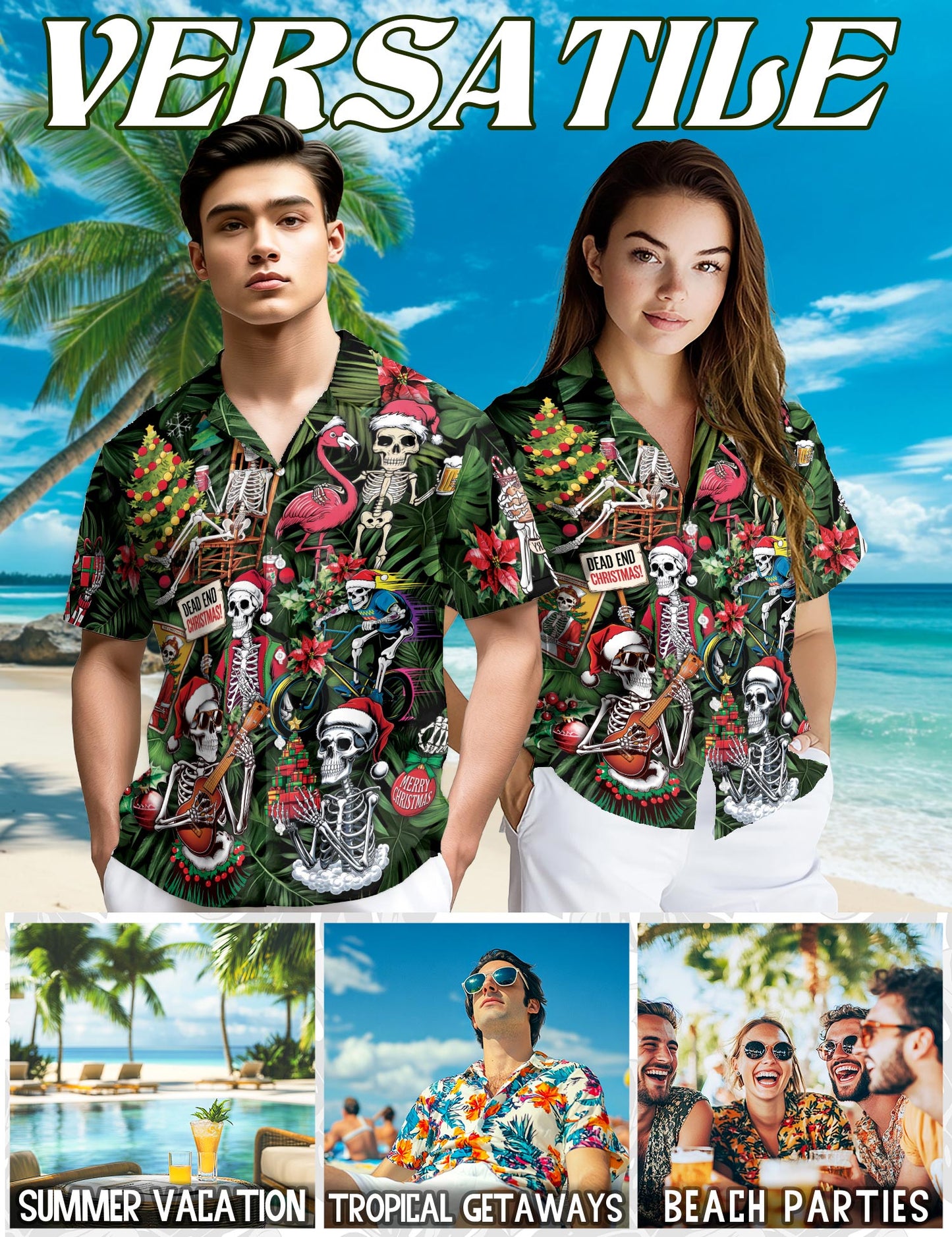 Skeleton Santa Claus Christmas Hawaiian Shirt for Men, Button Down Aloha Shirt - Azhawaiian