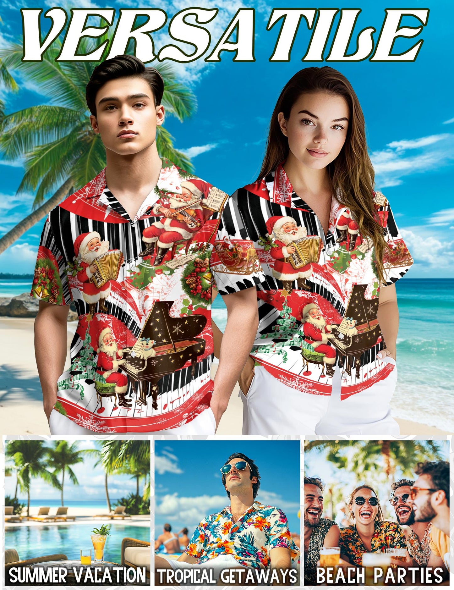 Santa Claus Playing Musical Instruments Hawaiian Shirt for Men, Button Down Aloha Shirt - Azhawaiian