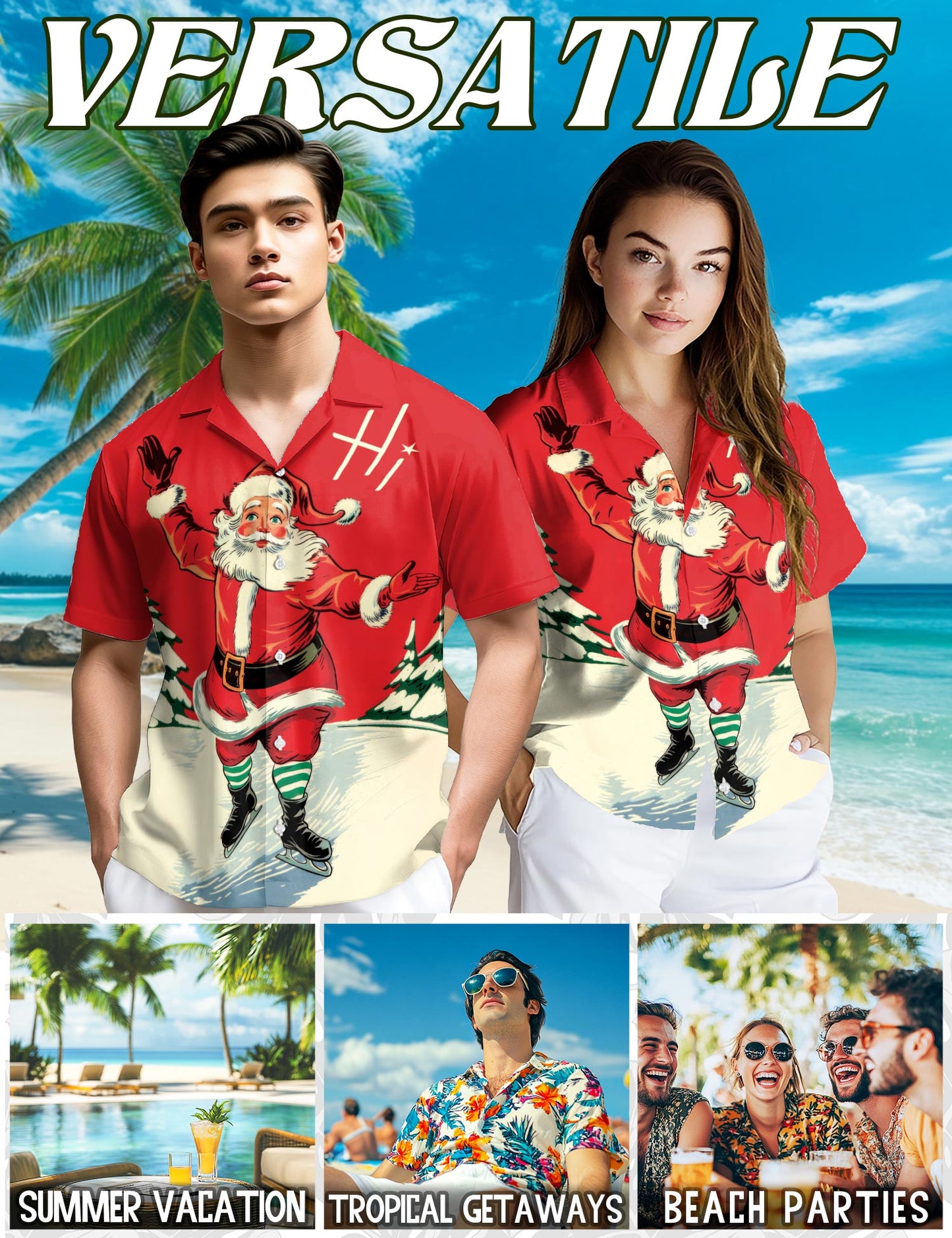 Vintage Ice Skating Santa Hawaiian Shirt for Men, Button Down Aloha Shirt - Azhawaiian