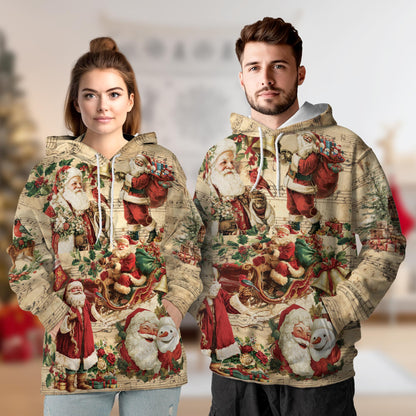 Vintage Santa Claus Christmas All Over Print Hoodie, Musical Graphic Design