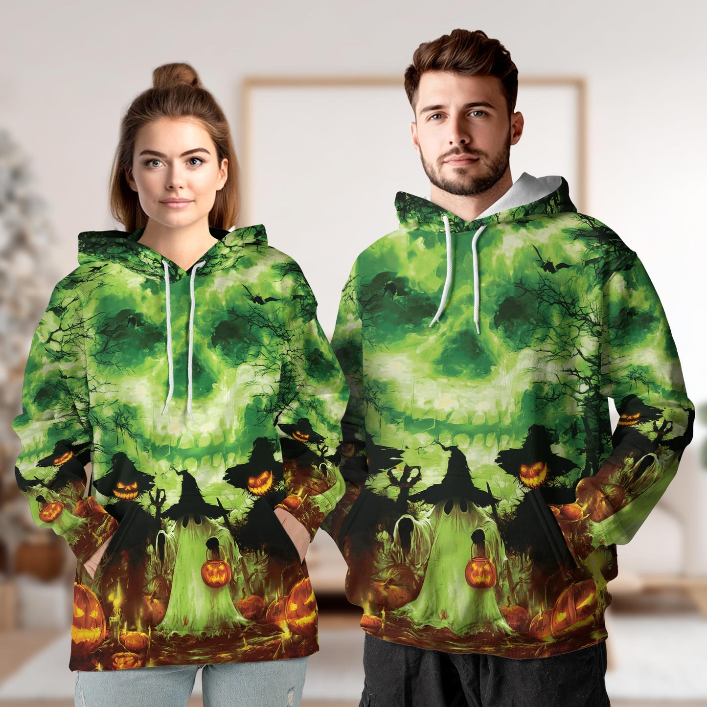 Halloween Ghost All Over Print Hoodie, Graphic Design Pumpkins Skull
