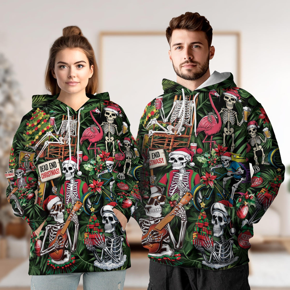 Skeleton Santa Claus Christmas All Over Print Hoodie, Skull Graphic Design