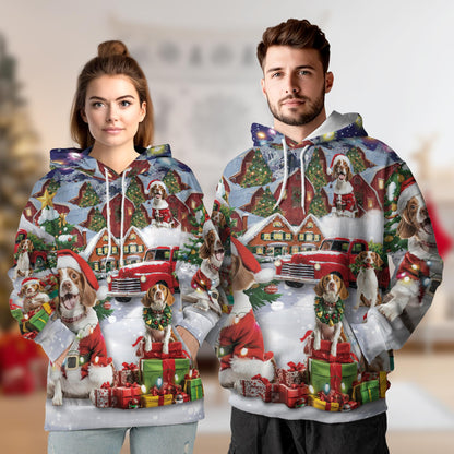 Brittany Spaniel Christmas All Over Print Hoodie, Festive Dog Graphic Design
