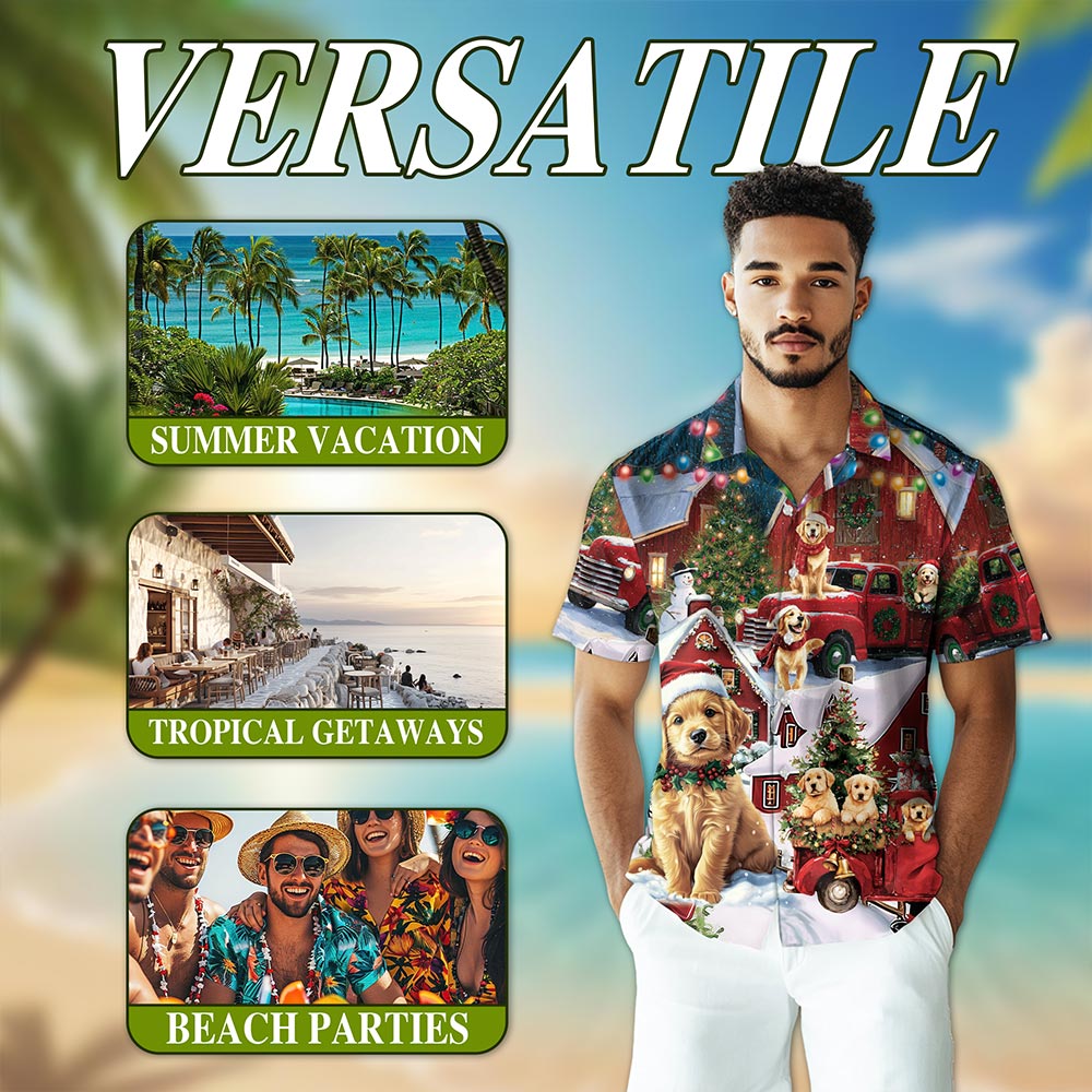 Golden Retriever Christmas Hawaiian Shirt for Men, Button Down Aloha Shirt - Azhawaiian
