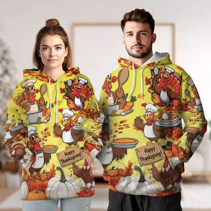 Happy Thanksgiving All Over Print Hoodie, Fall Leaves Pumpkin Graphic Design