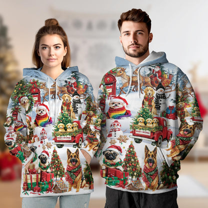 Christmas Dogs All Over Print Hoodie, Cute Pet Holiday Graphic Design