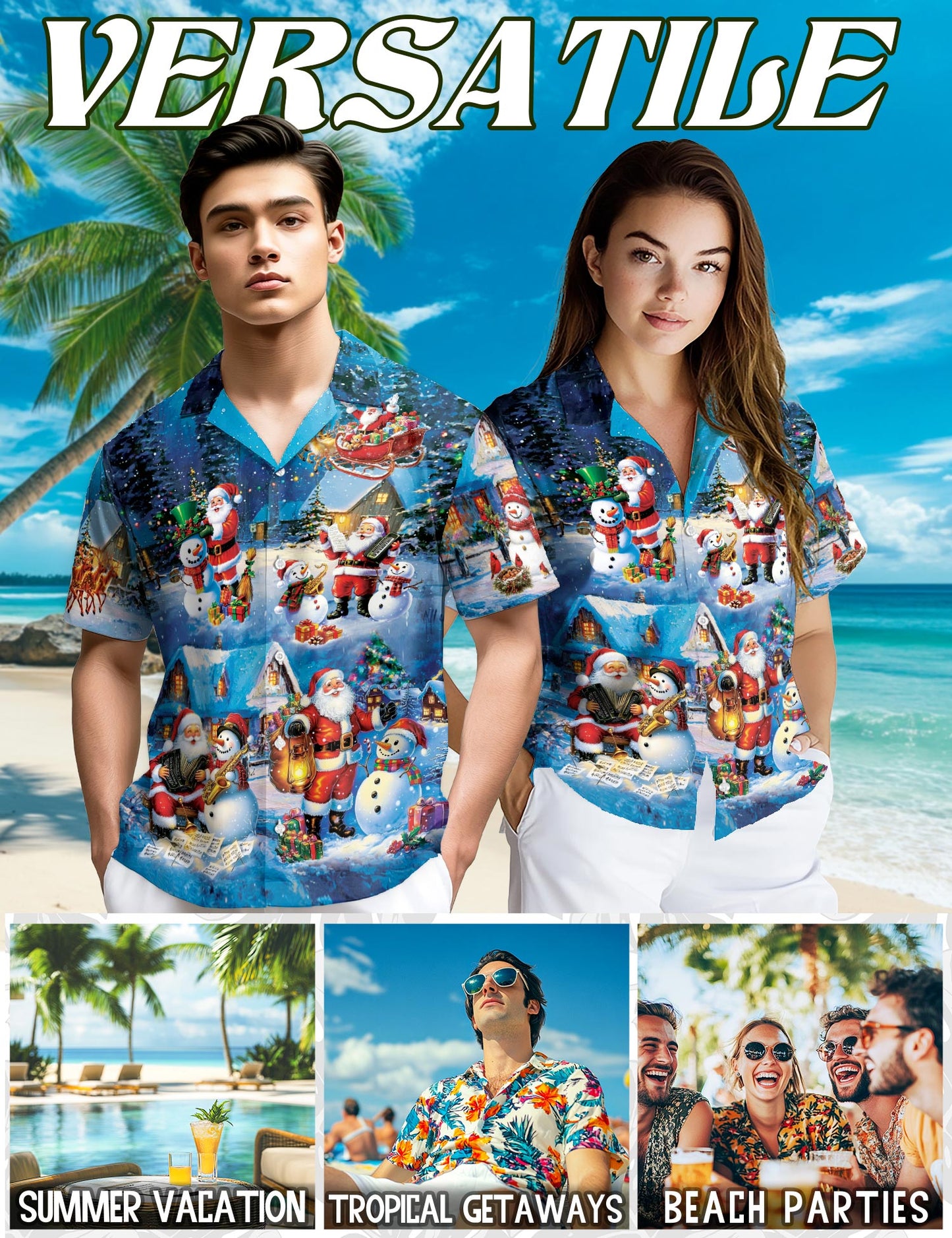Funny Santa and Snowman Hawaiian Shirt for Men, Button Down Aloha Shirt - Azhawaiian