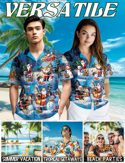 Funny Santa and Snowman Hawaiian Shirt for Men, Button Down Aloha Shirt - Azhawaiian