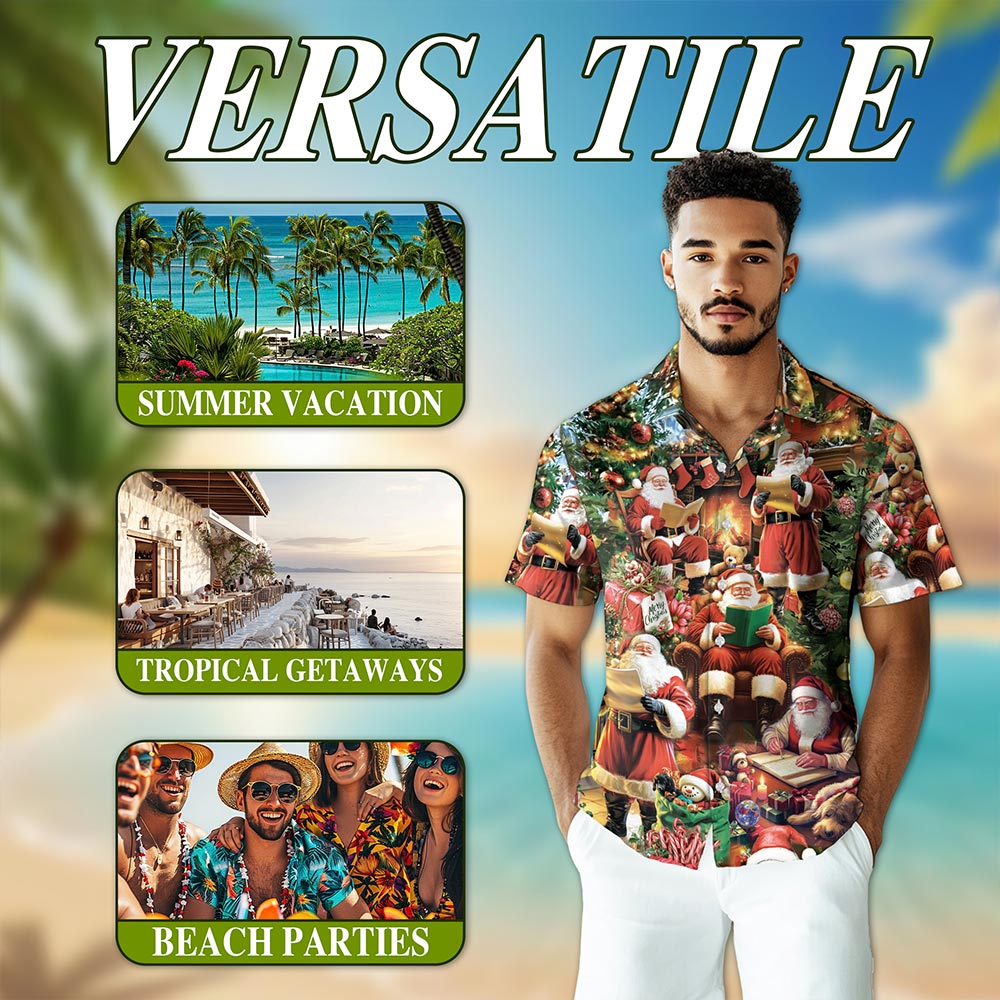 Santa Claus Reading Book Christmas Hawaiian Shirt for Men, Button Down Aloha Shirt - Azhawaiian