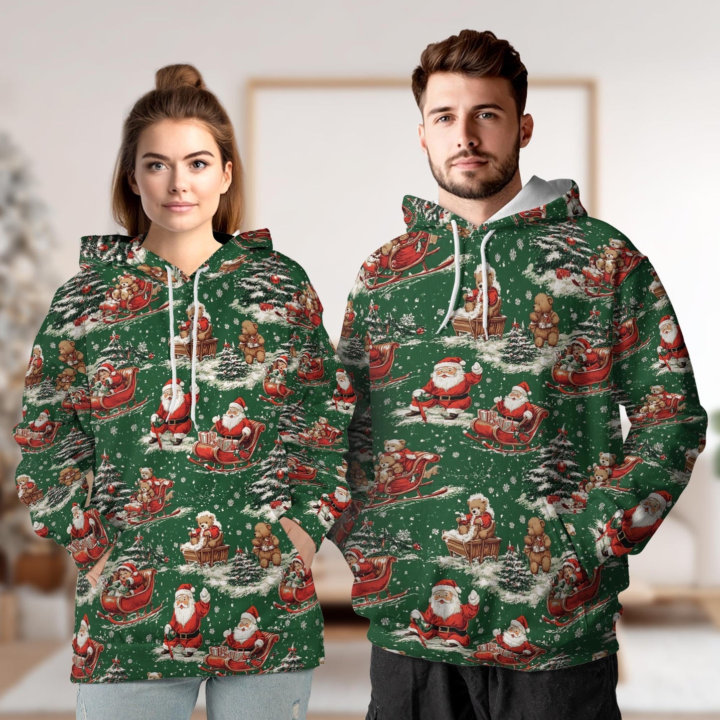 Funny Santa Sleigh Christmas All Over Print Hoodie, Xmas Graphic Design