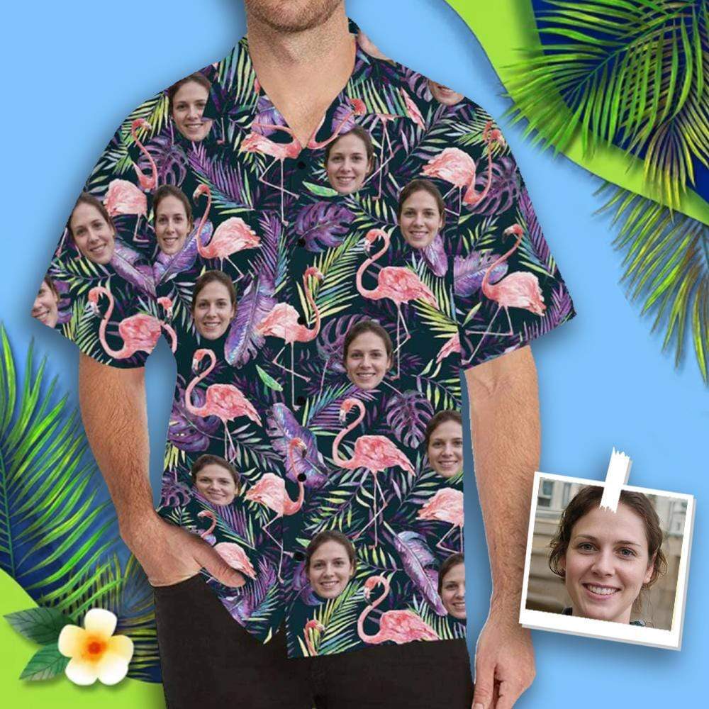 Custom Face Flamingo Purple Leaf Men's All Over Print Hawaiian Shirt