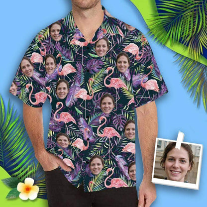 Custom Face Flamingo Purple Leaf Men's All Over Print Hawaiian Shirt