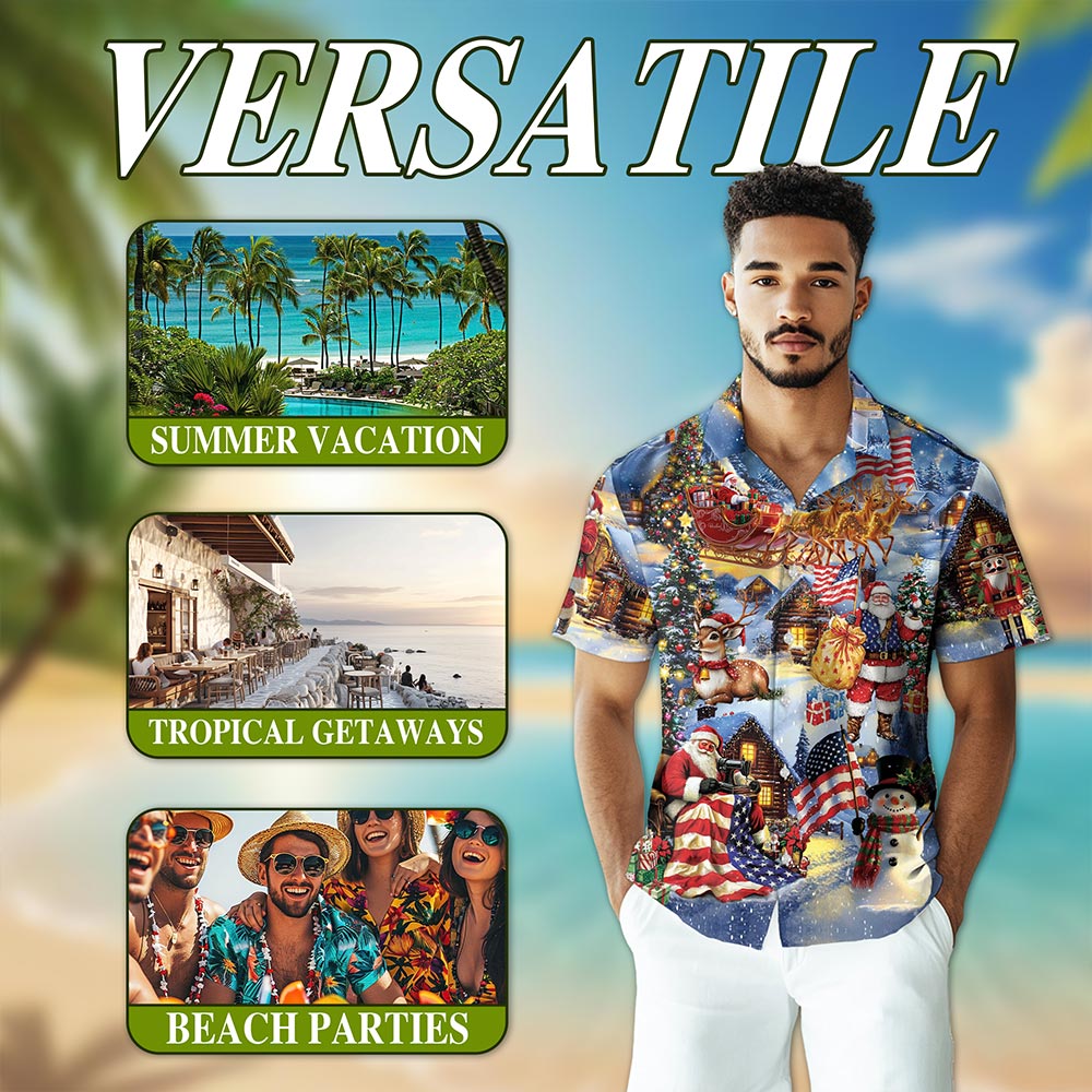 Patriotic Santa Claus Christmas Hawaiian Shirt for Men, Button Down Aloha Shirt - Azhawaiian