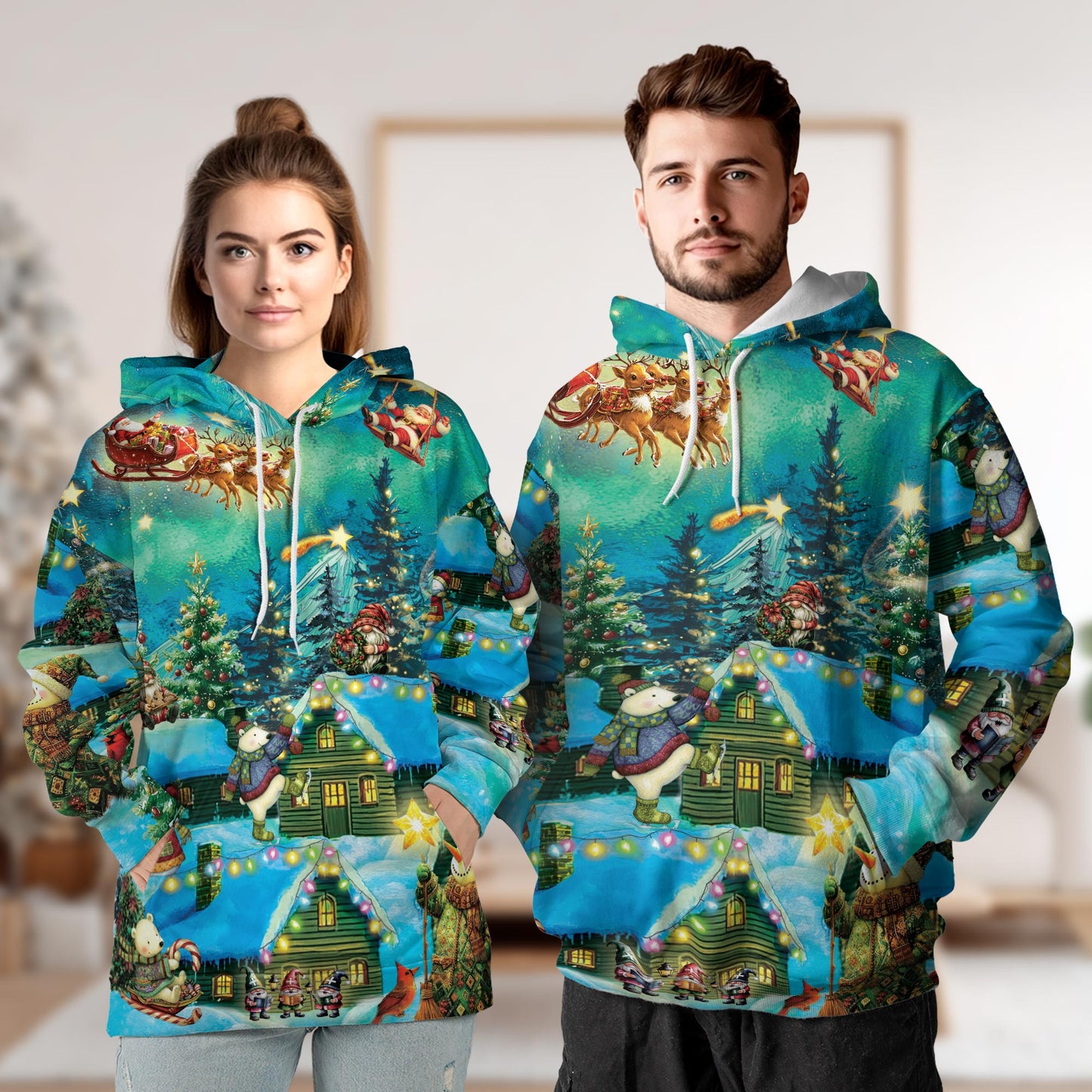 Magical Christmas Night Scene All Over Print Hoodie, Santa Graphic Design