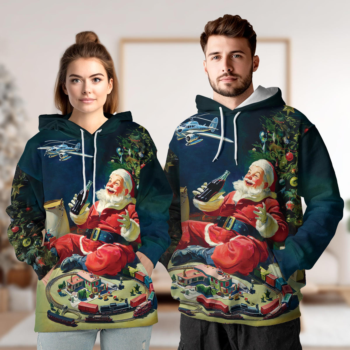 Vintage Santa Claus Christmas All Over Print Hoodie, Xmas Graphic Design