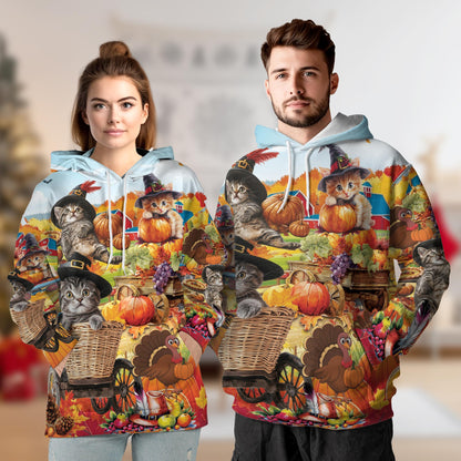 Thanksgiving Cat All Over Print Hoodie, Happy Turkey Day Graphic Design