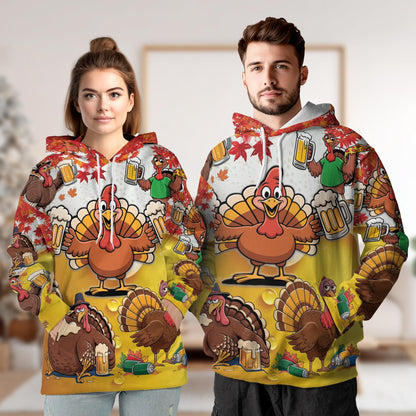 Funny Drunk Turkey Thanksgiving All Over Print Hoodie