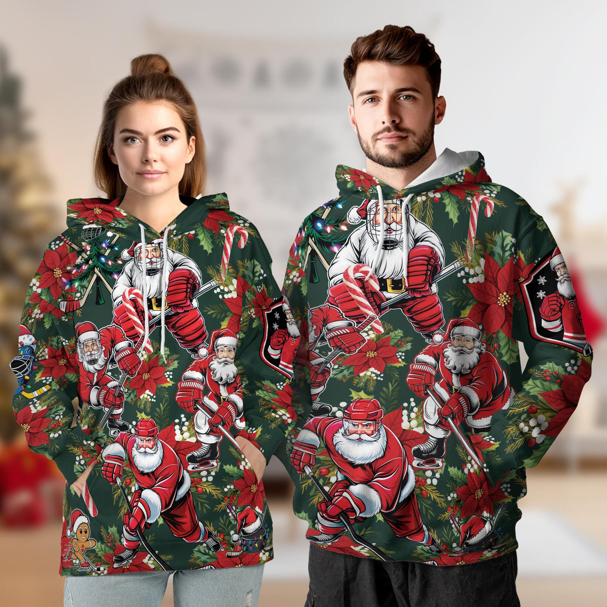 Santa Claus Hockey All Over Print Hoodie, Funny Christmas Sports Graphic Design