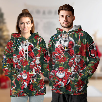 Santa Claus Hockey All Over Print Hoodie, Funny Christmas Sports Graphic Design