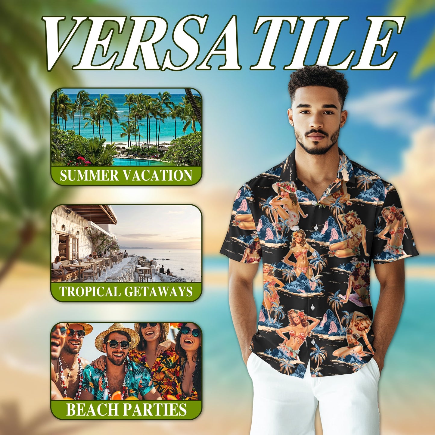 Tropical Pinup Girl Black Hawaiian Shirt for Men, Button Down Aloha Shirt - Azhawaiian